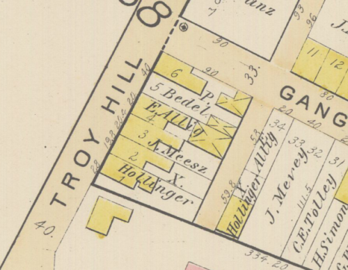 This 1890 map lists the Allig family at 21 Ravine Street.